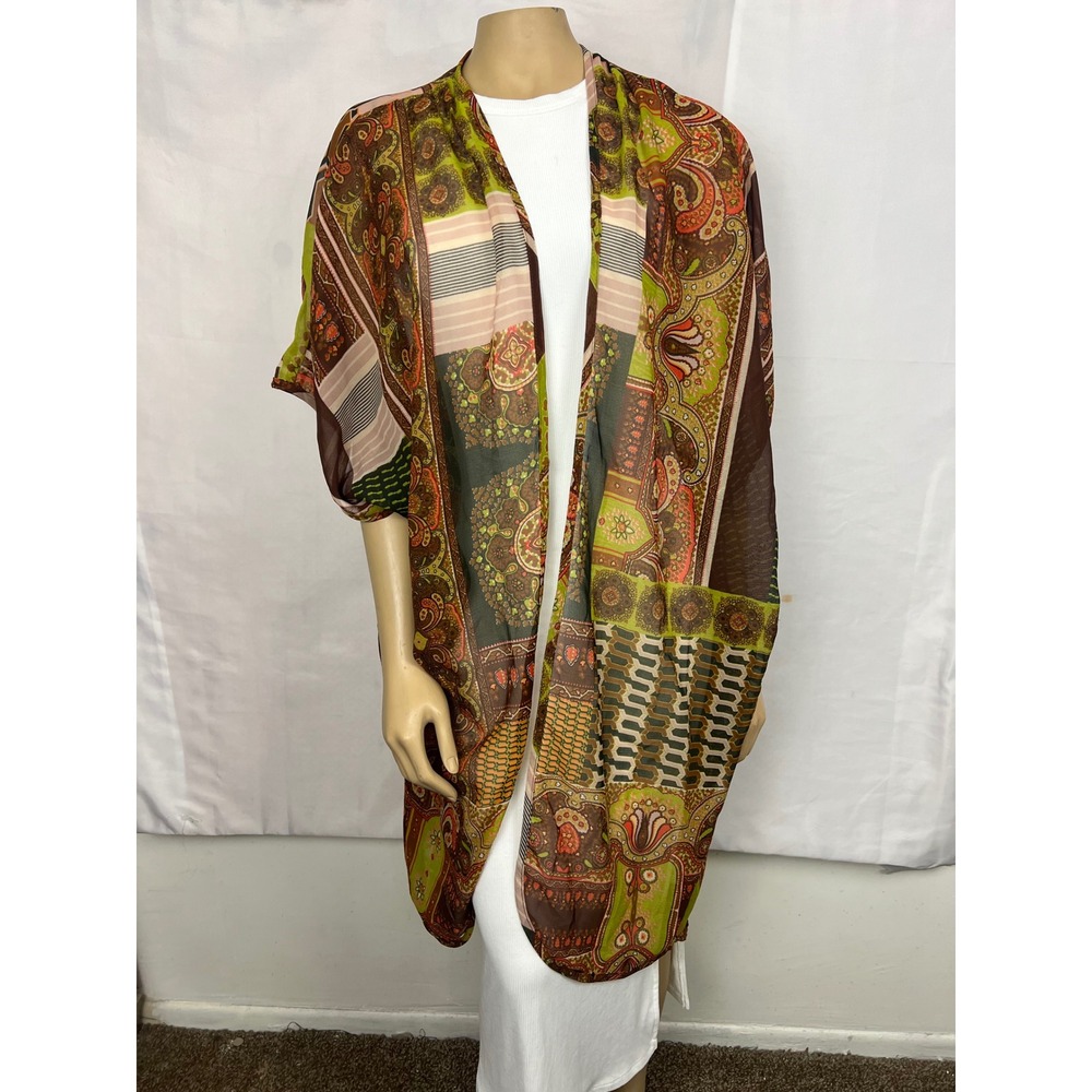 Live 4 Truth Sheer Kimono Cardigan 1X Green Brown Paisley Patchwork Wrap Coverup
